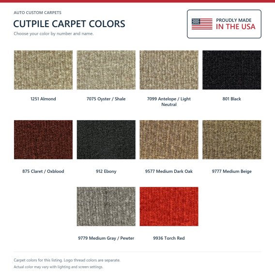 ACC Cutpile carpet color options for this listing - Proudly Made in the USA