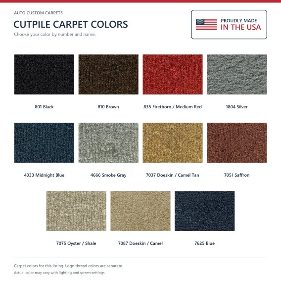 ACC Cutpile carpet color options for this listing - Proudly Made in the USA