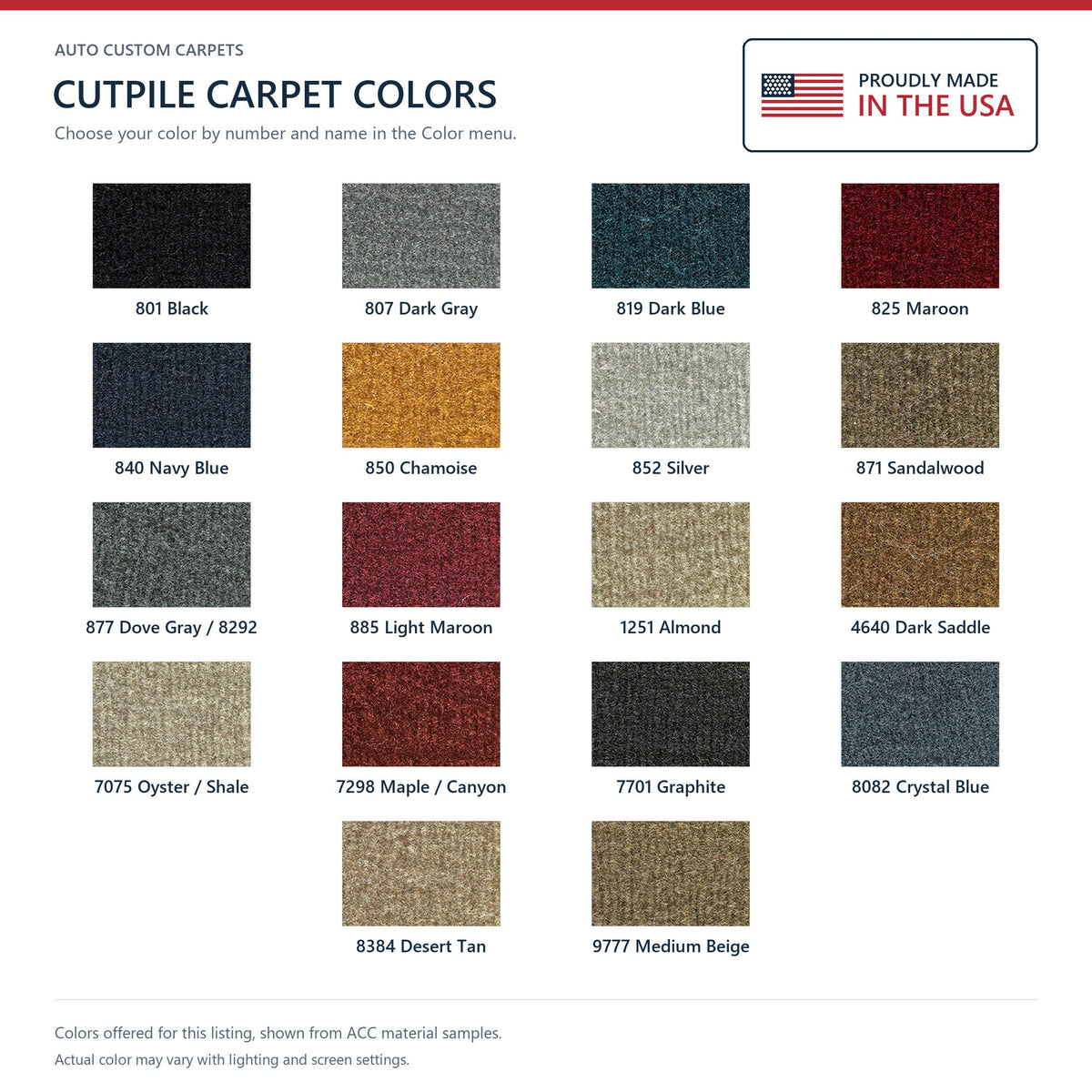 ACC Cutpile color options for this listing - Proudly Made in the USA