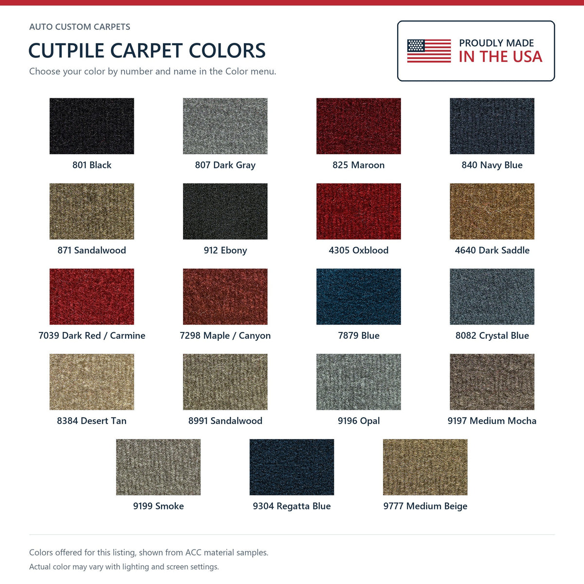 ACC Cutpile color options for this listing - Proudly Made in the USA