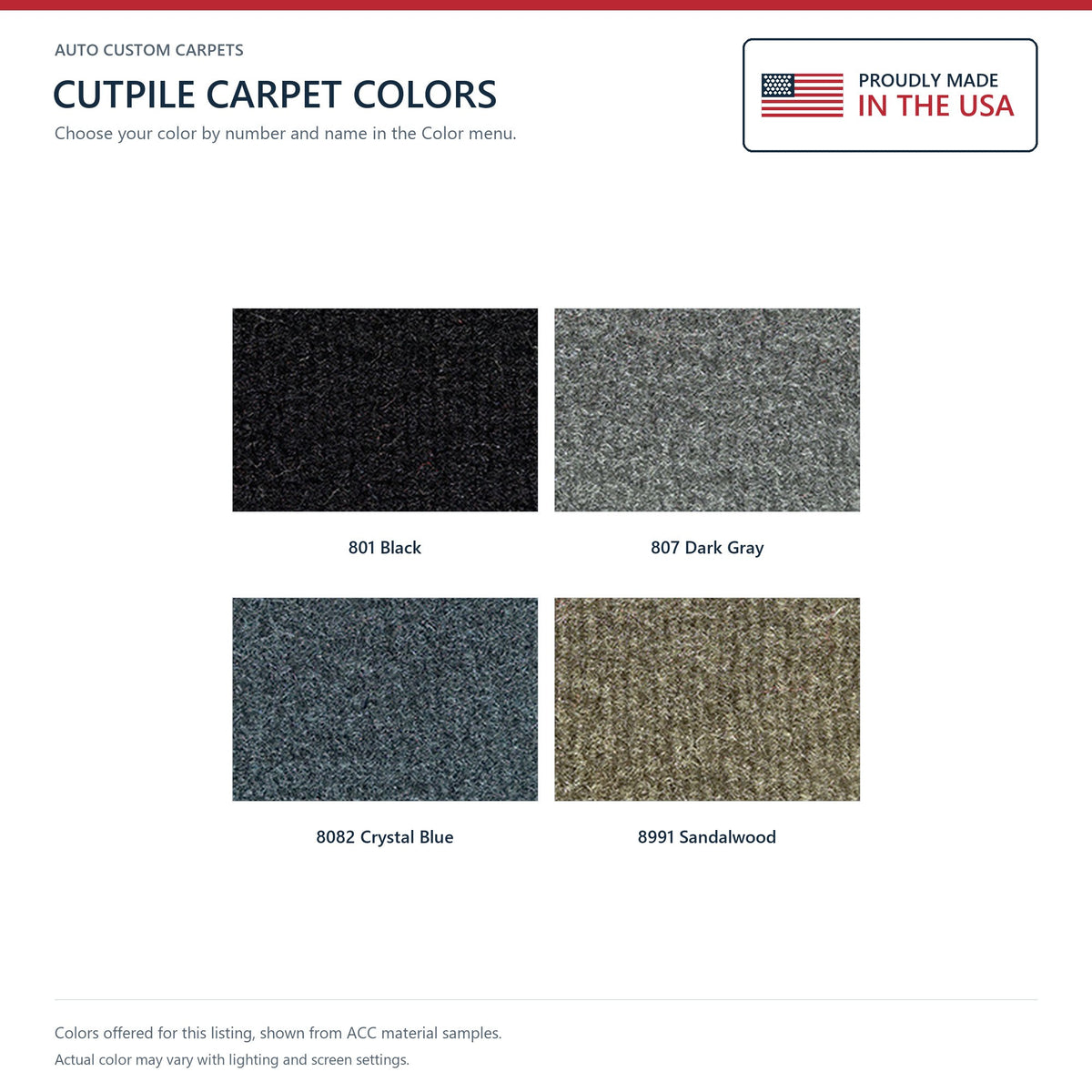 ACC Cutpile color options for this listing - Proudly Made in the USA