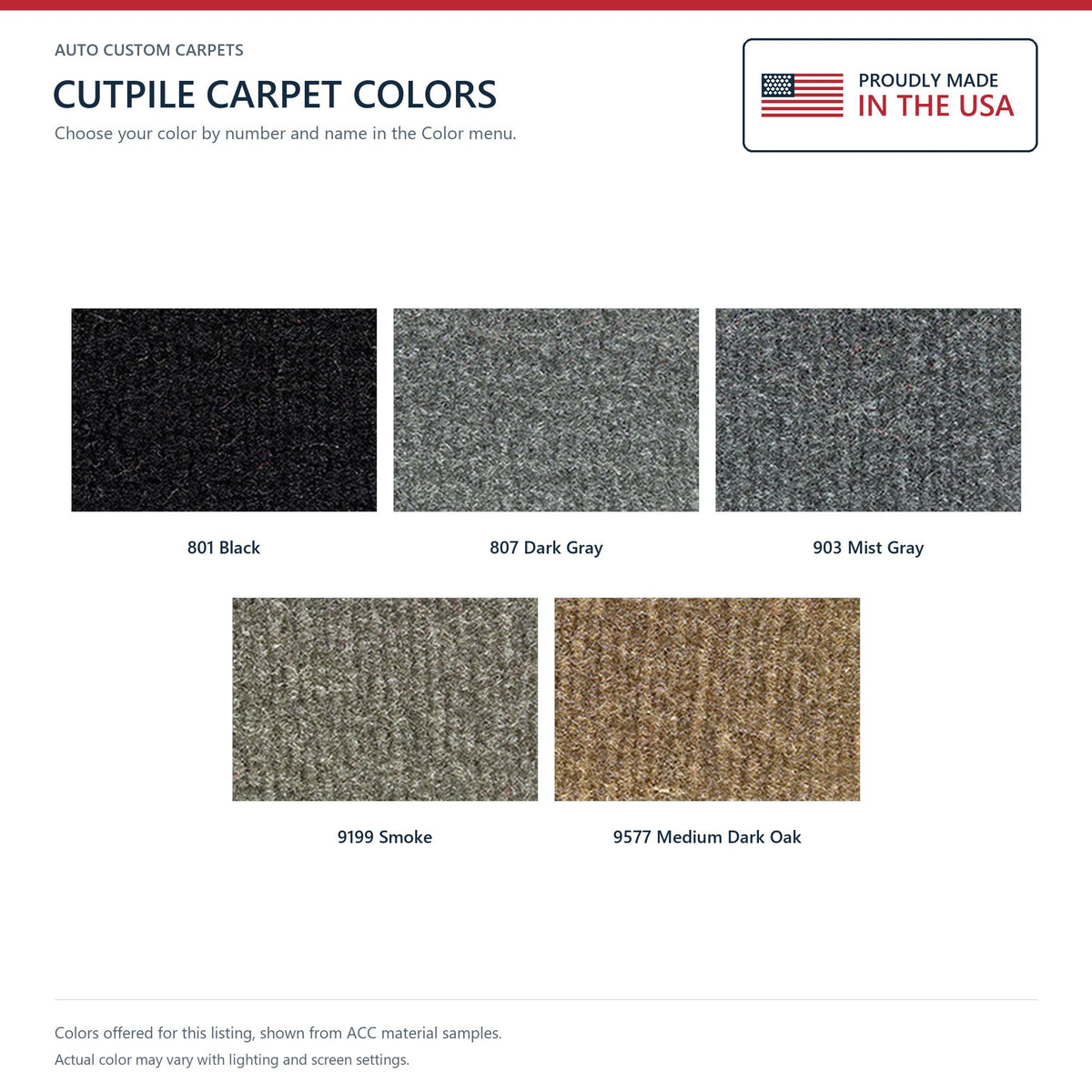 ACC Cutpile color options for this listing - Proudly Made in the USA