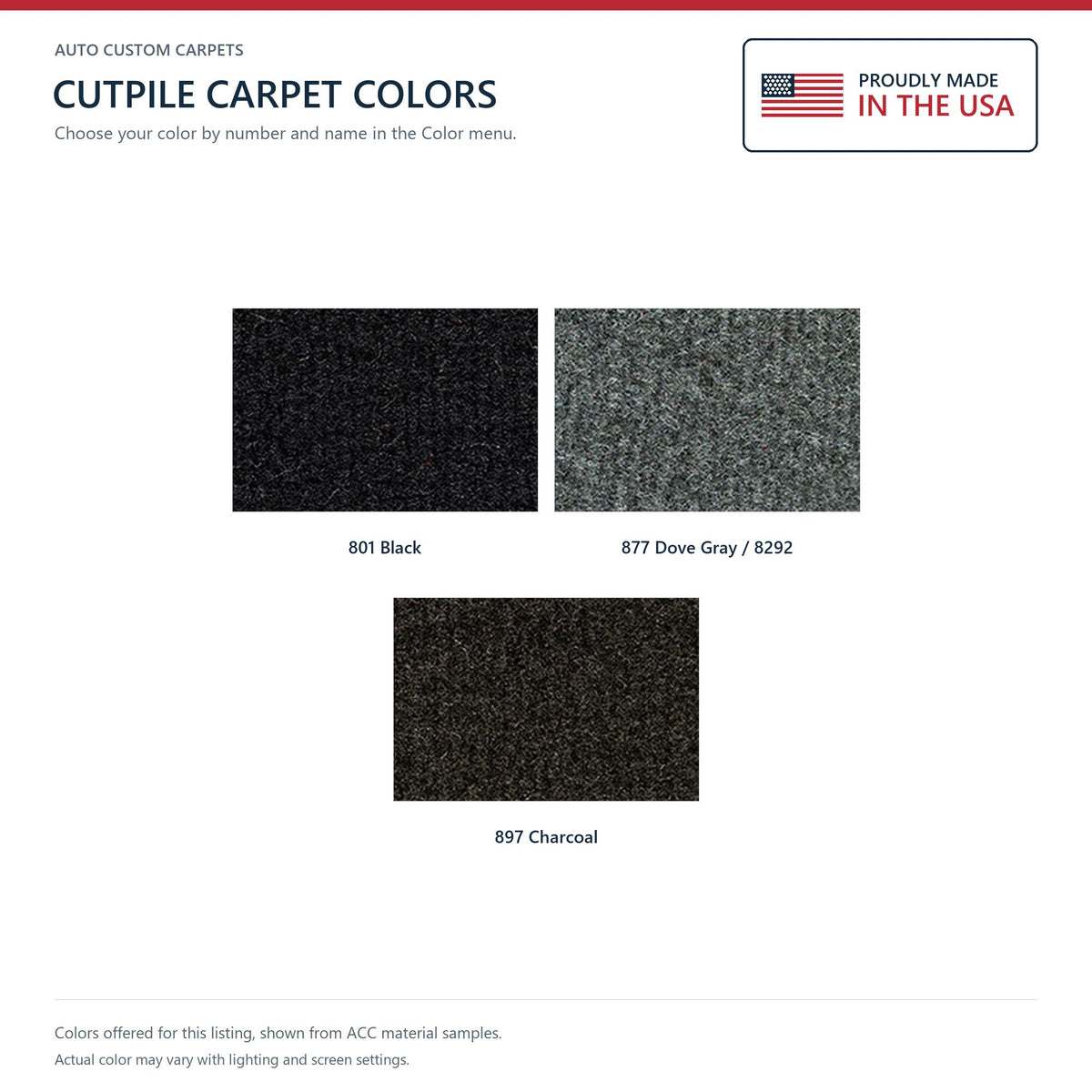 ACC Cutpile color options for this listing - Proudly Made in the USA