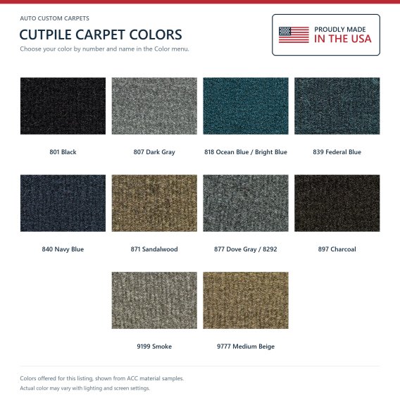 ACC Cutpile color options for this listing - Proudly Made in the USA