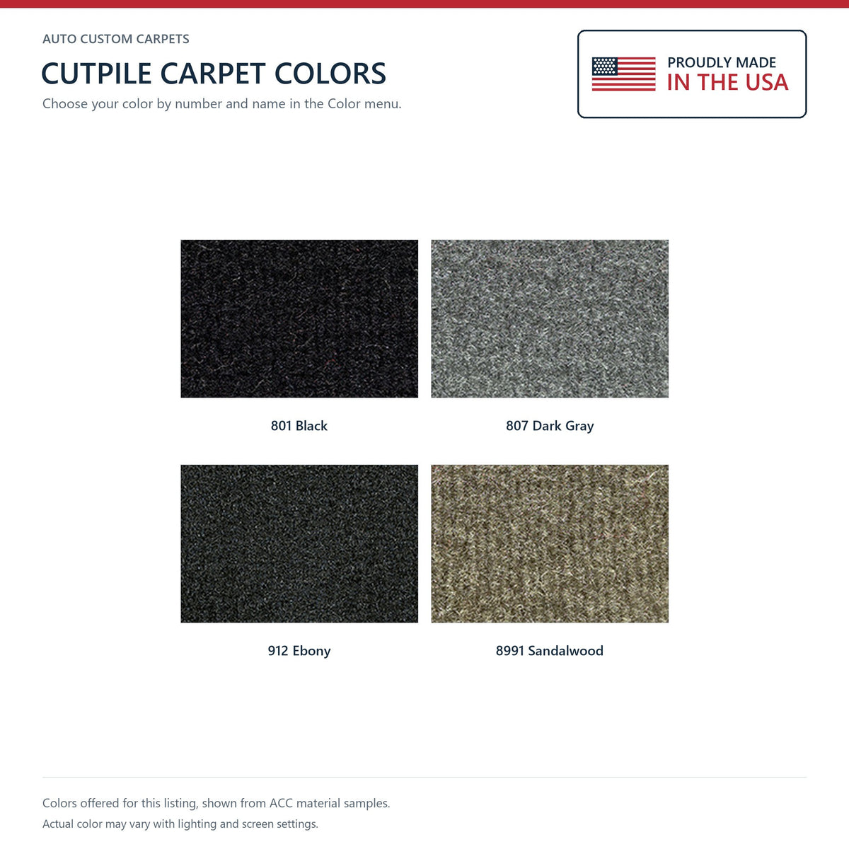 ACC Cutpile color options for this listing - Proudly Made in the USA