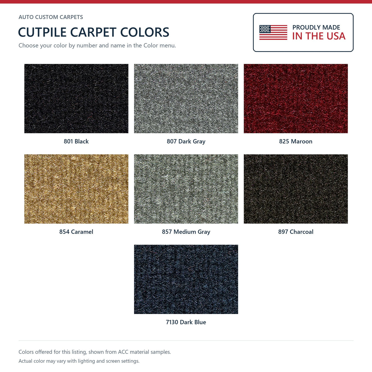 ACC Cutpile color options for this listing - Proudly Made in the USA