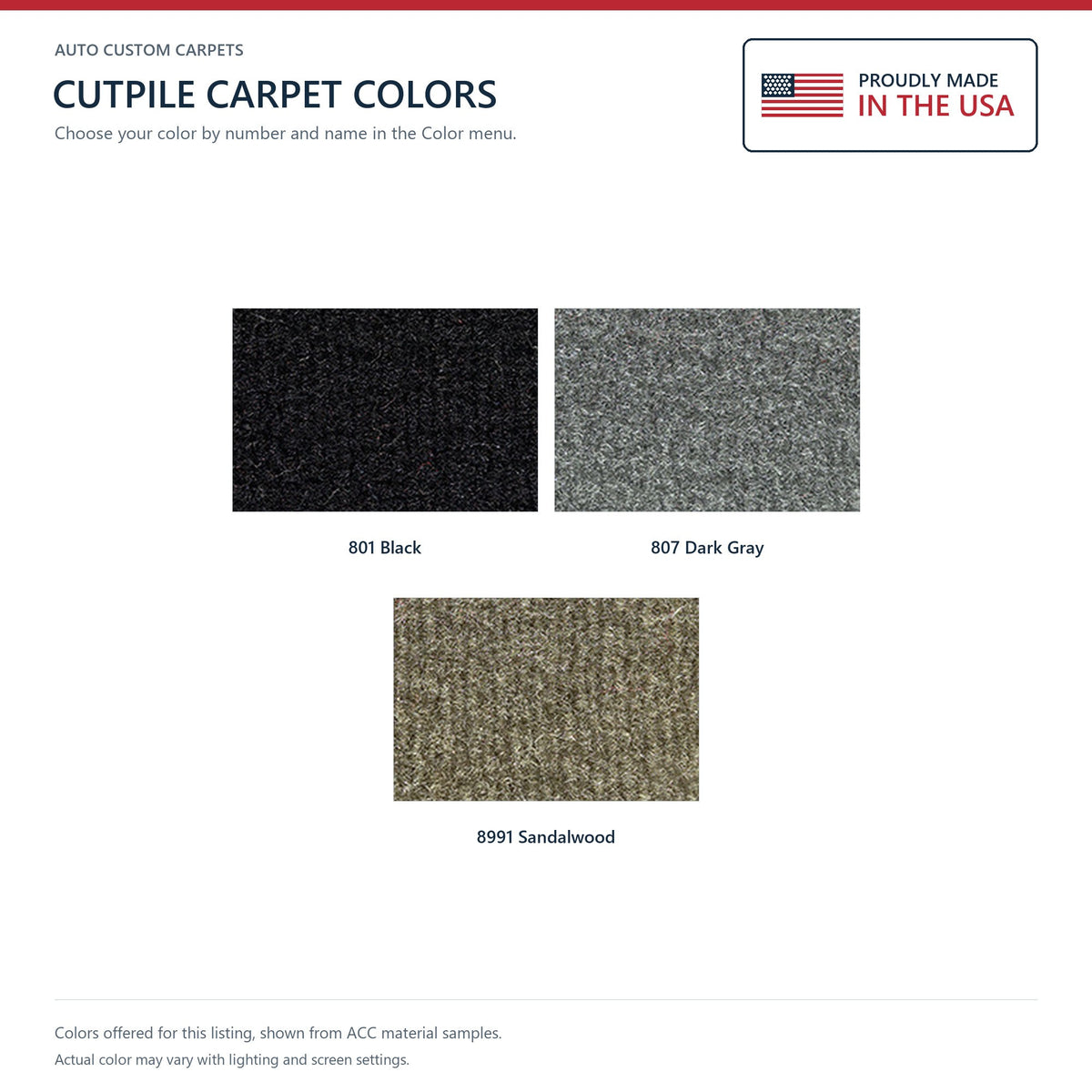 ACC Cutpile color options for this listing - Proudly Made in the USA