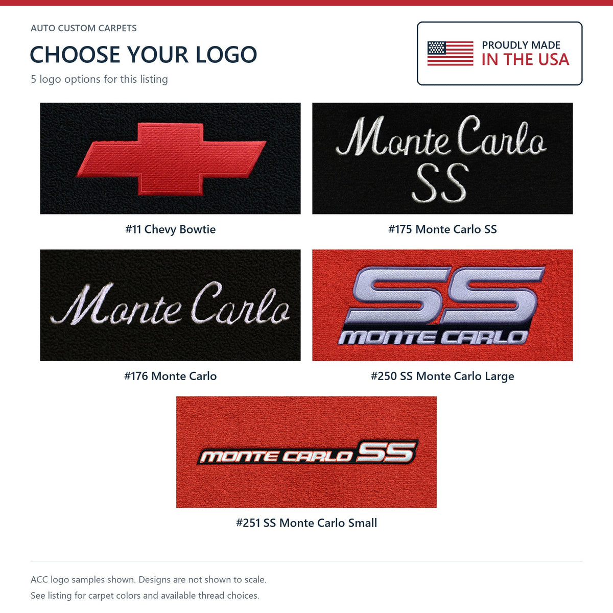 1982-1988 Chevy Monte Carlo Cutpile Floor Mats with Embroidered Logo Choices - 4-Piece - product details image 21