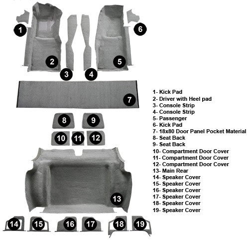 1978-1979 Chevy Corvette Complete w/ 3 Compt Doors Cutpile Molded Replacement Carpet Kit - 19-Piece - product details image 5