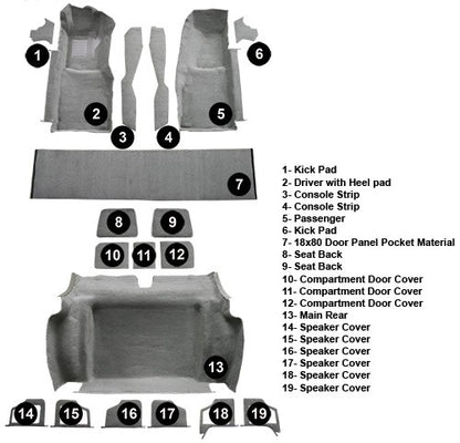 1978-1979 Chevy Corvette Complete w/ 3 Compt Doors Cutpile Molded Replacement Carpet Kit - 19-Piece - product details image 5