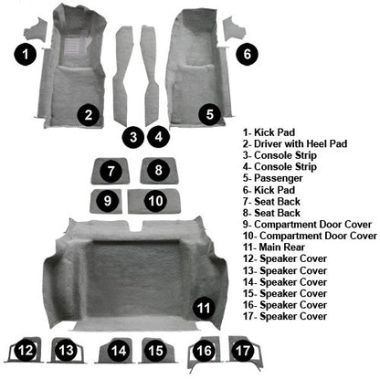 1980 Chevrolet Corvette Complete without Door Panels Cutpile Molded Replacement Carpet Kit - 17-Piece - product details image