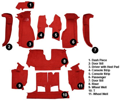 1994-1996 Chevy Corvette Conv w/ Pad w/o Door Panels Cutpile Molded Replacement Carpet Kit - 11-Piece - product details image