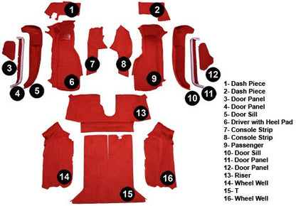 1992-1993 Chevy Corvette Coupe w/ 1 Dr Latch Cutpile Replacement Carpet Kit w/ Mass Backing - 16-Piece - product details imag