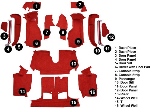 1992-1993 Chevy Corvette Conv w/ 1 Dr Latch Cutpile Replacement Carpet Kit w/ Mass Backing - 16-Piece - product details image