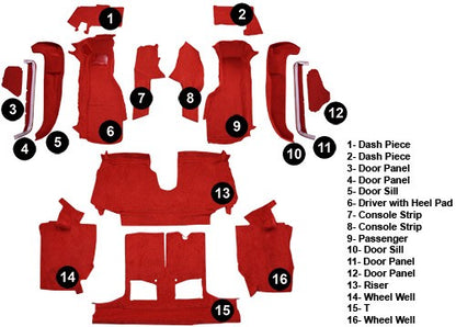 1992-1993 Chevy Corvette Conv w/ 1 Dr Latch Cutpile Replacement Carpet Kit w/ Mass Backing - 16-Piece - product details image