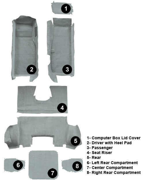 1997-2004 Chevrolet Corvette Coupe Cutpile Molded Replacement Carpet Kit with Mass Backing - 8-Piece - product details image 