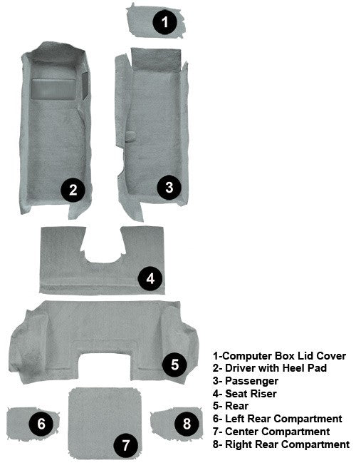 1998-2000 Chevy Corvette Convertible Cutpile Molded Replacement Carpet Kit w/ Mass Backing - 8-Piece - product details image 