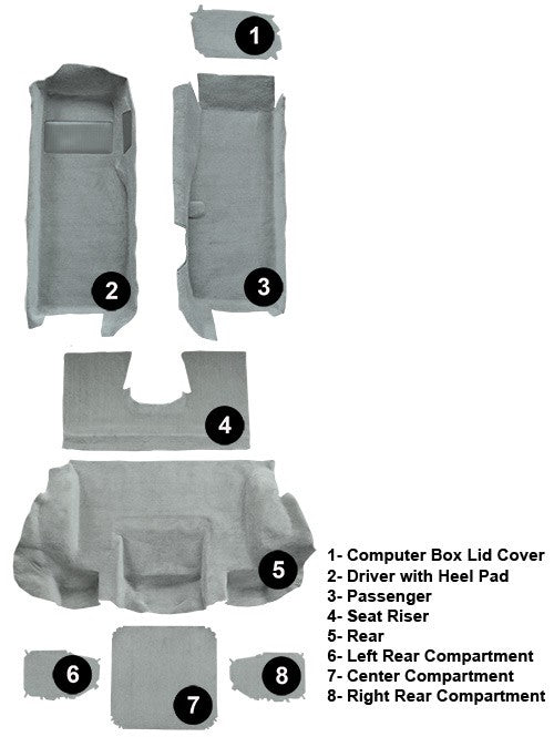 2001-2004 Chevy Corvette Convertible Cutpile Molded Replacement Carpet Kit w/ Mass Backing - 8-Piece - product details image 