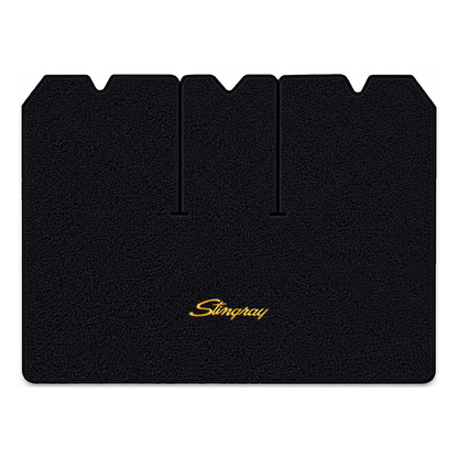 Illustration of 1976 Chevrolet Corvette cargo mat with the #13-P Stingray logo in Loop 01 Black c...