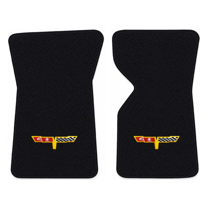 Illustration of 1981 Chevrolet Corvette floor mats with the #12 Corvette Flags logo in Cutpile 80...