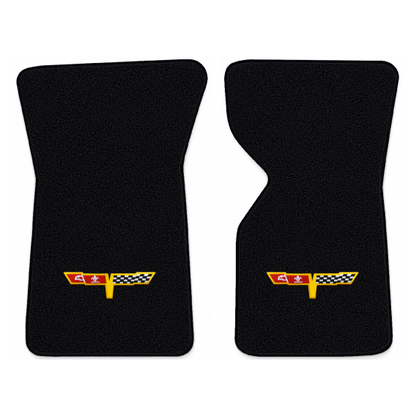 Illustration of 1977 Chevrolet Corvette floor mats with the #12 Corvette Flags logo in Essex 1001...
