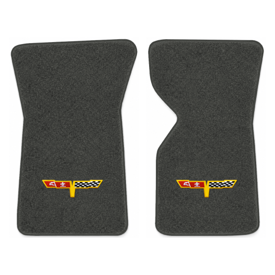 Illustration of 1977 Chevrolet Corvette floor mats with the #12 Corvette Flags logo in Essex 1068...