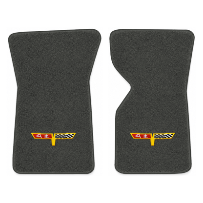 Illustration of 1977 Chevrolet Corvette floor mats with the #12 Corvette Flags logo in Essex 1068...