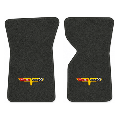 Illustration of 1977 Chevrolet Corvette floor mats with the #12 Corvette Flags logo in Essex 1079...