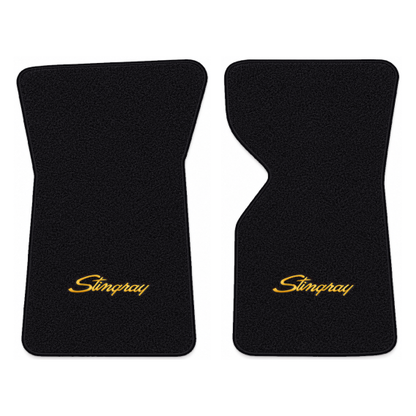 Illustration of 1973 Chevrolet Corvette floor mats with the #13-P Stingray logo in Cutpile 801 Bl...