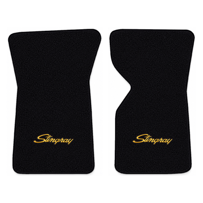 Illustration of 1973 Chevrolet Corvette floor mats with the #13-P Stingray logo in Essex 1001A Bl...