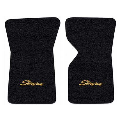Illustration of 1971 Chevrolet Corvette floor mats with the #13-P Stingray logo in Loop 01 Black ...