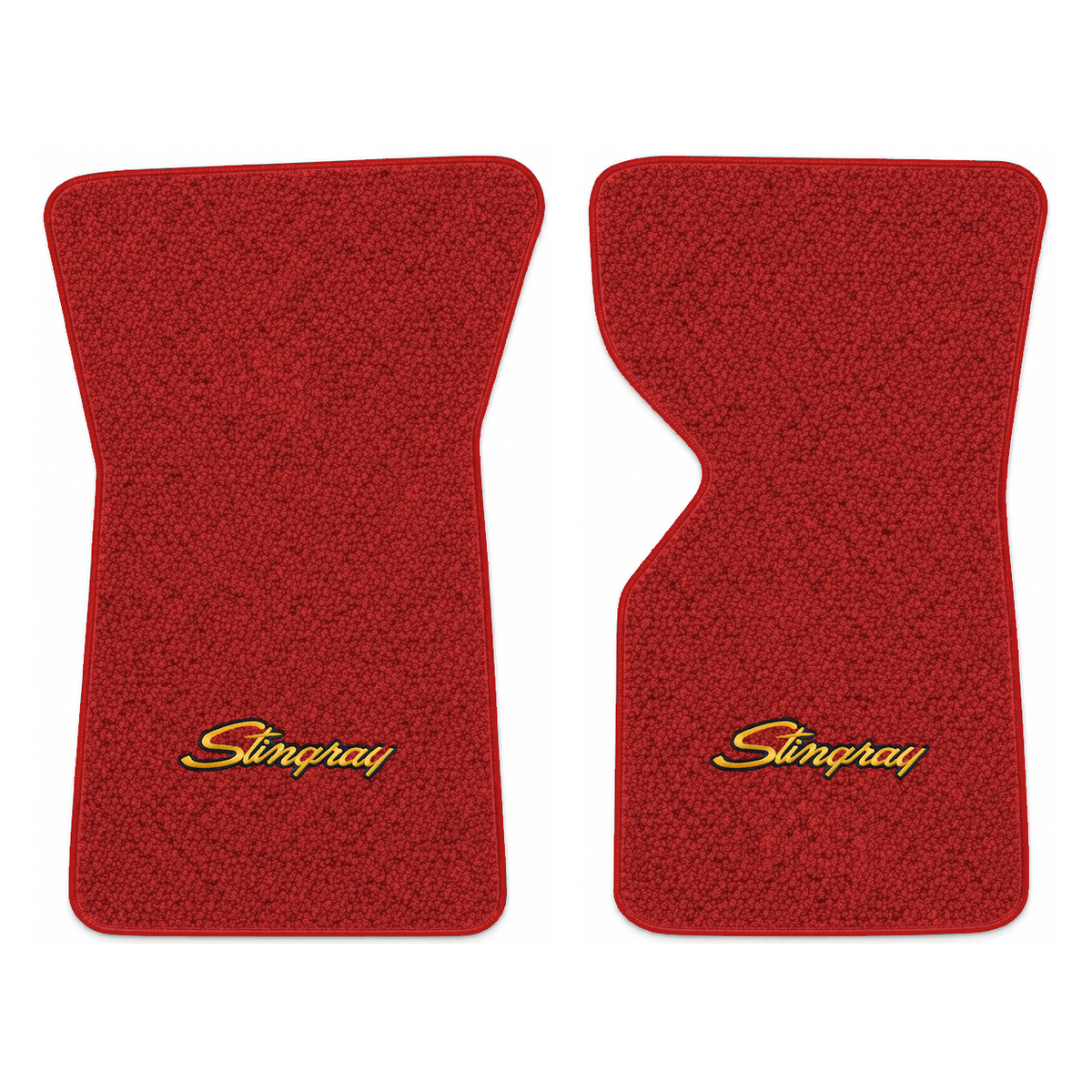 Illustration of 1971 Chevrolet Corvette floor mats with the #13-P Stingray logo in Loop 02 Red ca...