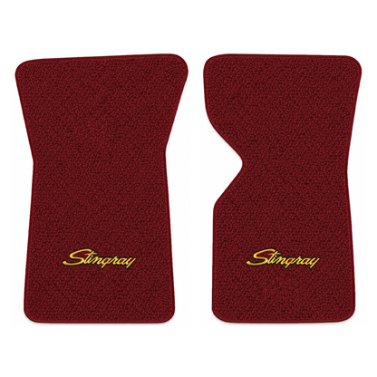 Illustration of 1973 Chevrolet Corvette floor mats with the #13-P Stingray logo in Loop 13 Maroon...