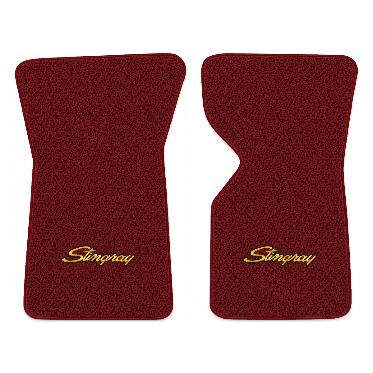 Illustration of 1975 Chevrolet Corvette floor mats with the #13-P Stingray logo in Loop 13 Maroon...
