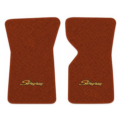 Illustration of 1975 Chevrolet Corvette floor mats with the #13-P Stingray logo in Loop 21 Burnt ...