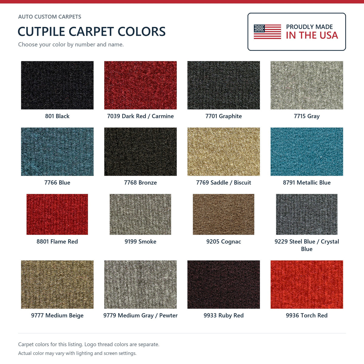 ACC Cutpile carpet color options for this listing - Proudly Made in the USA