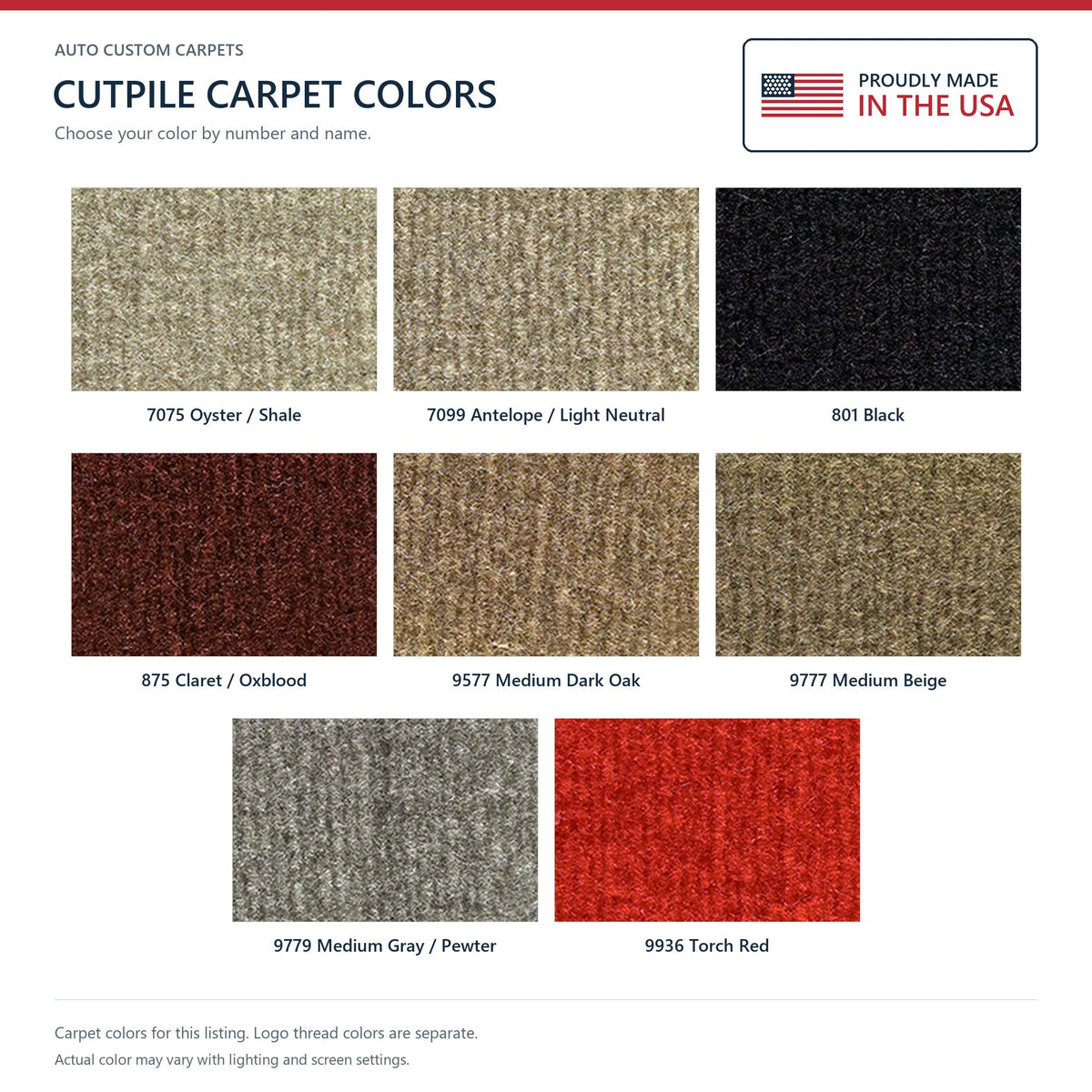 ACC Cutpile carpet color options for this listing - Proudly Made in the USA