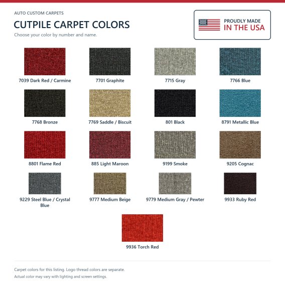 ACC Cutpile carpet color options for this listing - Proudly Made in the USA
