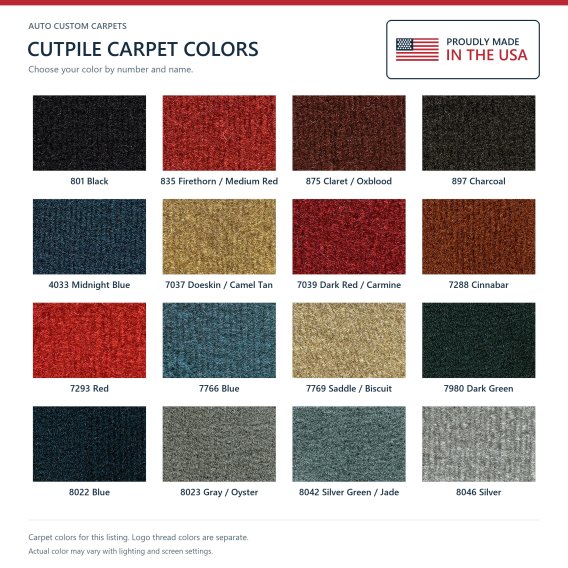 ACC Cutpile carpet color options for this listing - Proudly Made in the USA