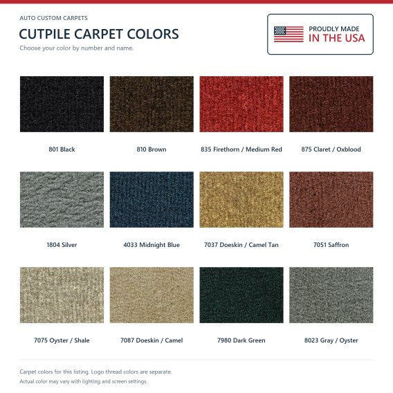 ACC Cutpile carpet color options for this listing - Proudly Made in the USA