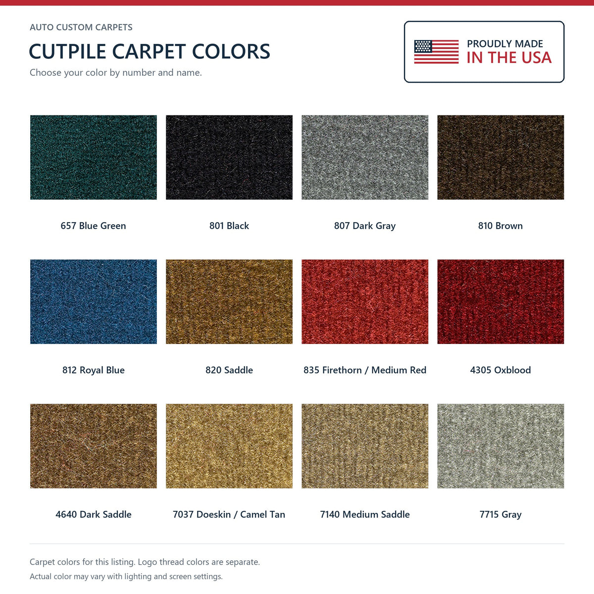ACC Cutpile carpet color options for this listing - Proudly Made in the USA
