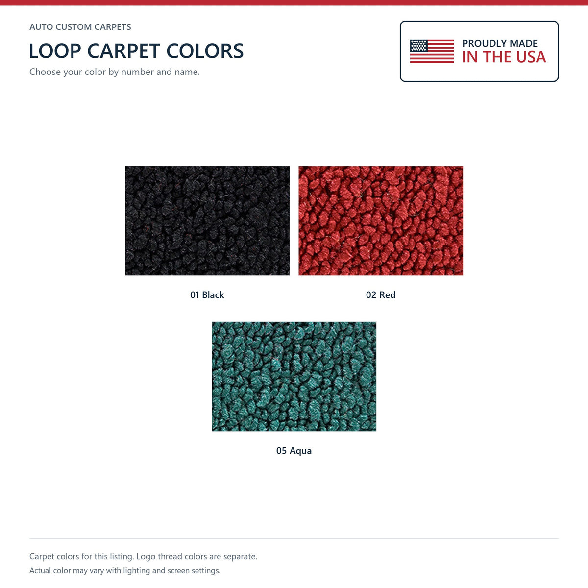 ACC Loop carpet color options for this listing - Proudly Made in the USA