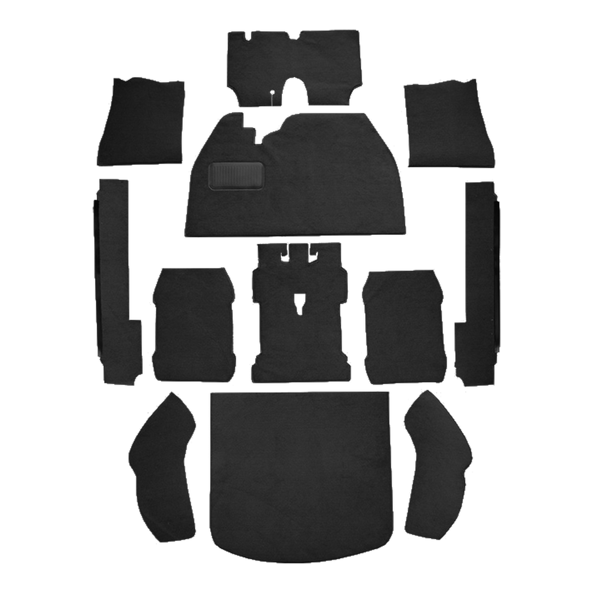 Illustration of 1971-1973 Volkswagen Super Beetle ACC Loop cut-and-sewn carpet in 01 Black, digitally recolored from the ACC supplier photo