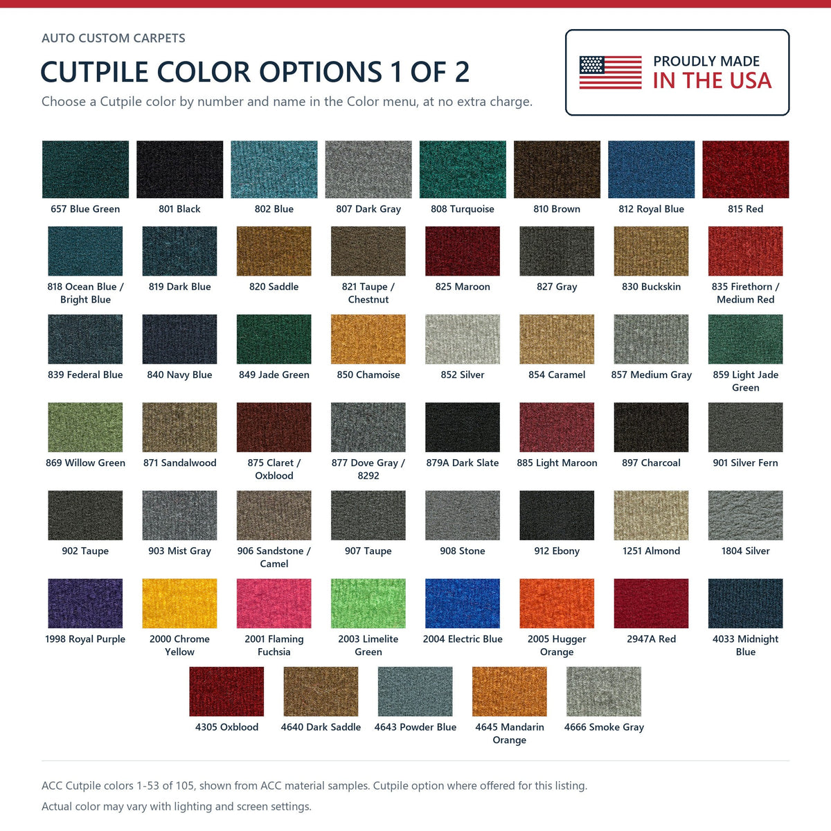 ACC Cutpile color options 1-53 of 105, available for this listing as a Cutpile option at no extra charge - Proudly Made in the USA