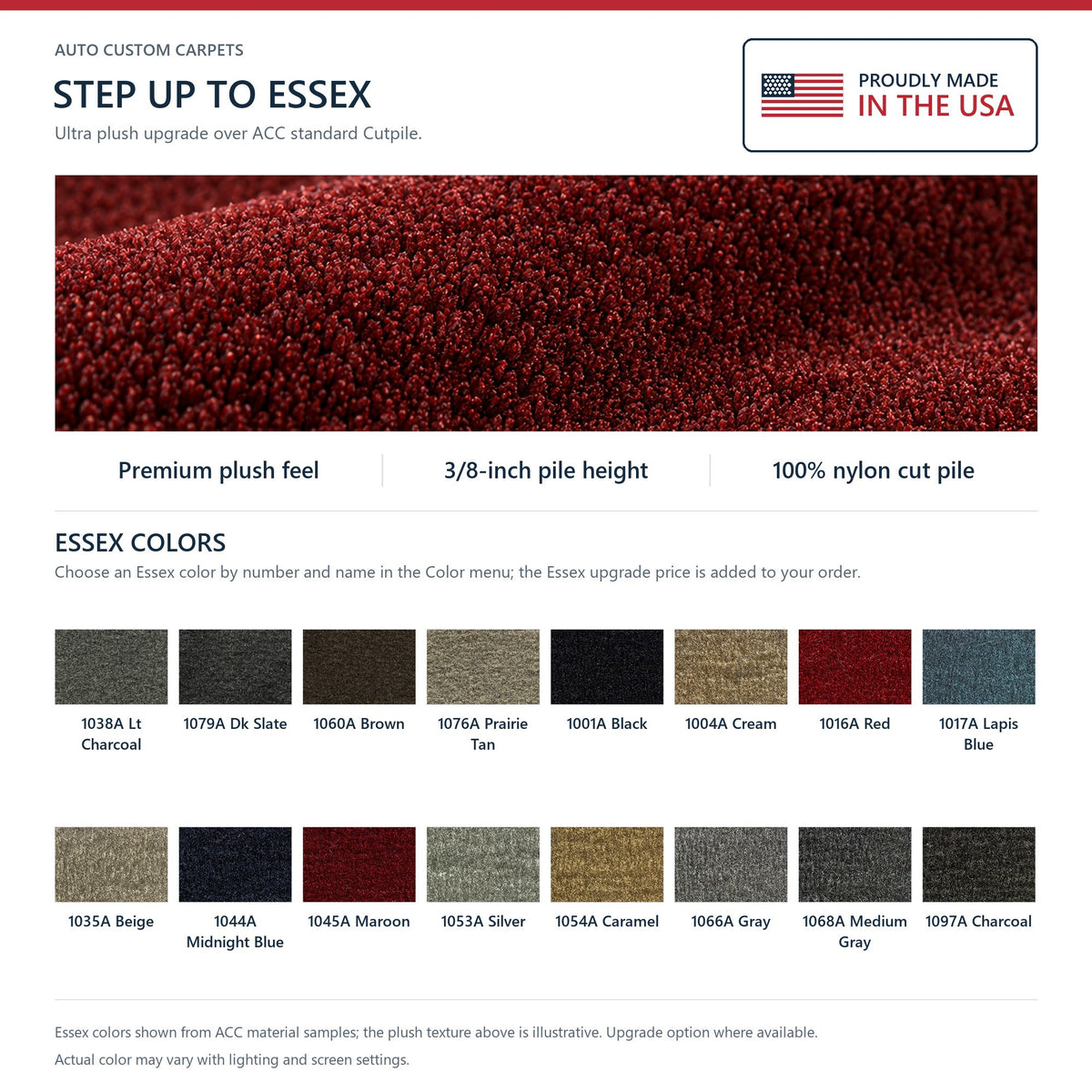 Step up to ACC Essex: ultra plush upgrade over ACC standard Cutpile, 3/8-inch pile, 100% nylon cut pile, with the 16 Essex colors shown from ACC material samples - Proudly Made in the USA