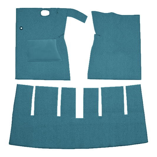 Illustration of 1963 Ford Galaxie 2DR Convertible Auto/4spd with Console Cut & Sewn Loop Carpet - 3 Piece in 09 Medium Blue, digitally recolored from the ACC supplier photo.