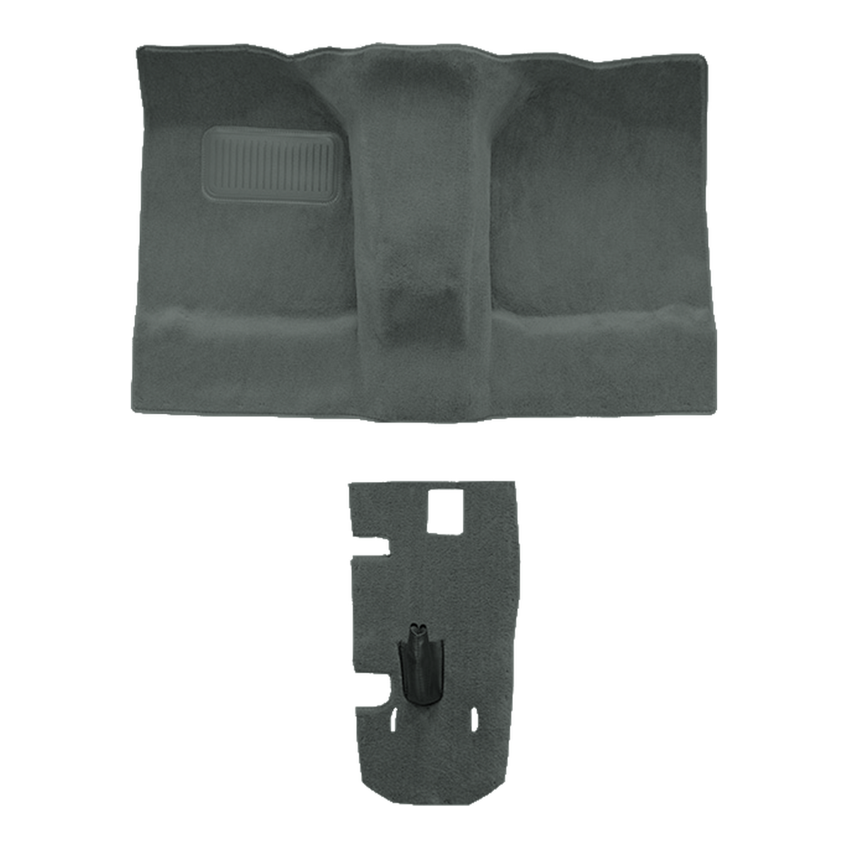 Illustration of 1986-1995 Suzuki Samurai Pass Area with Console Cover Cutpile Molded Carpet - 2 Piece in 877 Dove Gray / 8292, digitally recolored from the ACC supplier photo.