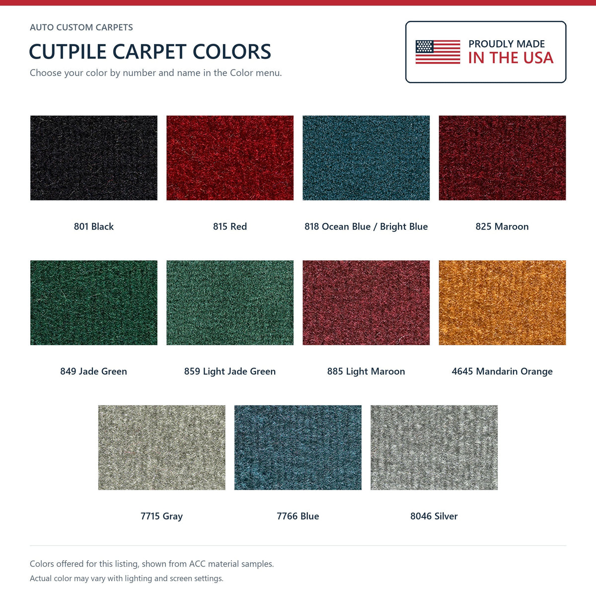 ACC Cutpile color options for this listing - Proudly Made in the USA