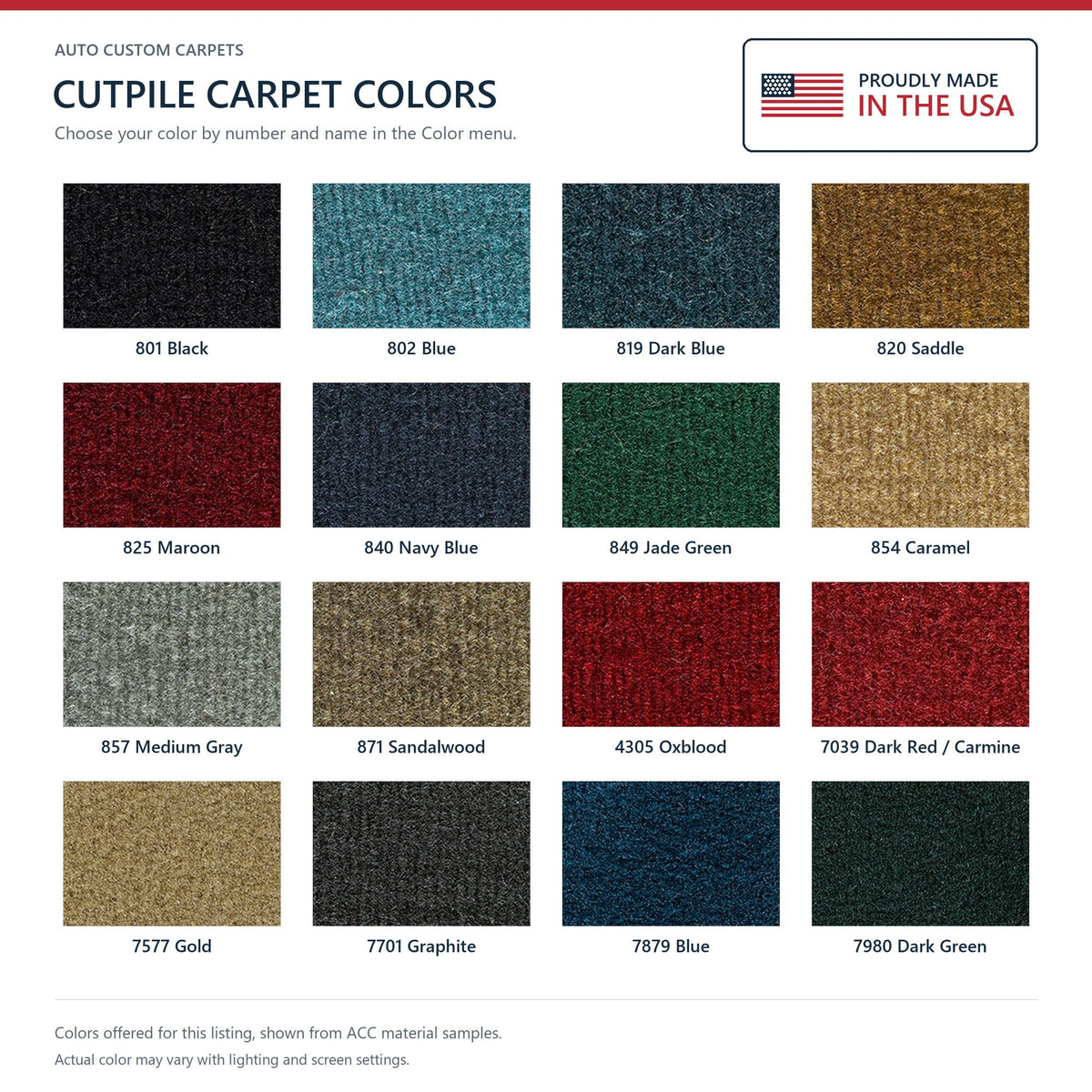ACC Cutpile color options for this listing - Proudly Made in the USA