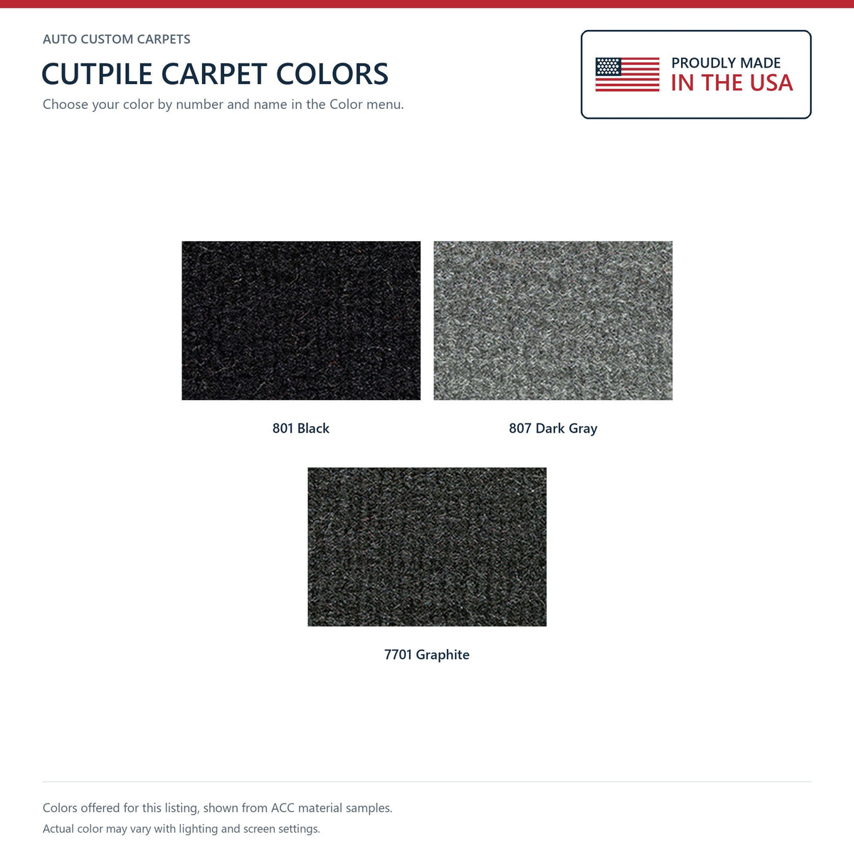 ACC Cutpile color options for this listing - Proudly Made in the USA